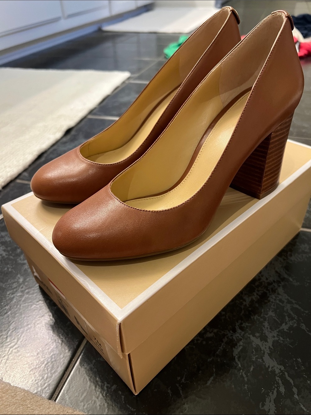 Michael Kora Classic Brown Cognac Block Heel. Luggage color.